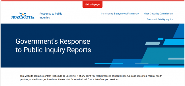 A screenshot of the home page on the new website that tracks the Province's progress on recommendations from the Mass Casualty Commission and the Desmond Fatality Inquiry