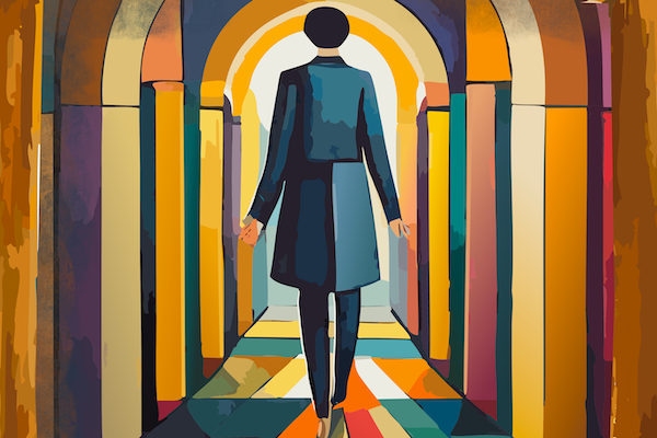 Woman walking down corridor